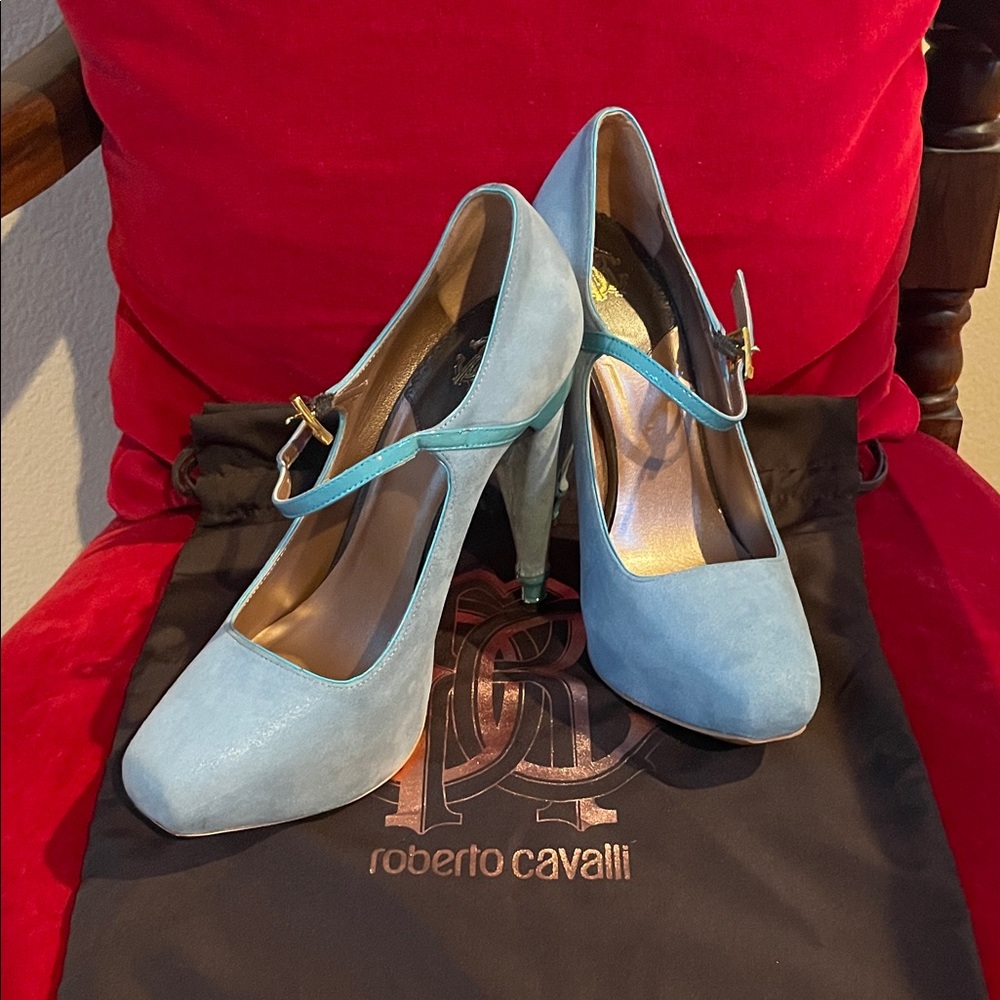 Roberto Cavalli Powder Blue Suede Mary Jane Heels with Gold Buckle